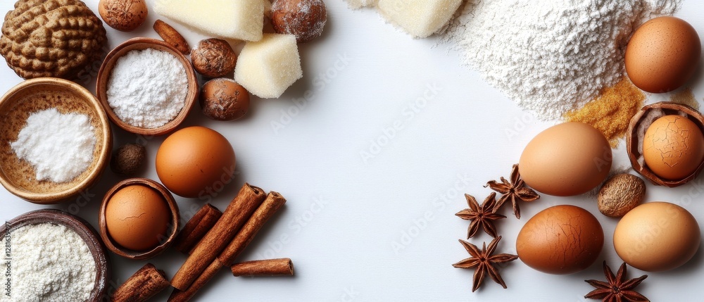 Baking Ingredients Flat Lay Eggs, Flour, Sugar, Cinnamon, and Spices Baking Ingredients Flat Lay Eggs, Flour, Sugar, Cinnamon, and Spices