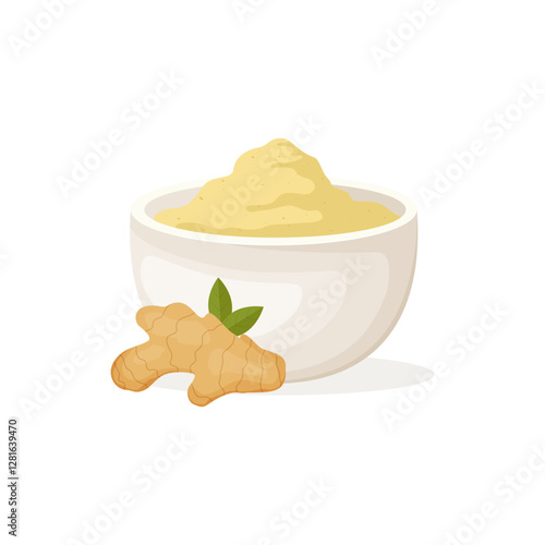 Ginger powder in the bowl with ginger root. Vector illustration.