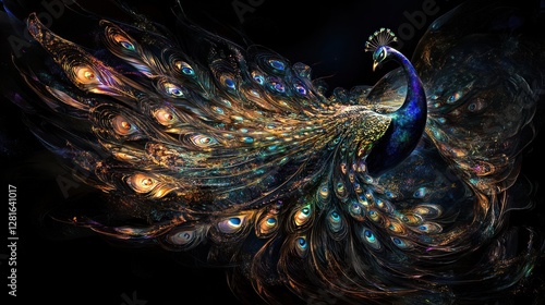 A majestic peacock with iridescent, glittering feathers on a black background.