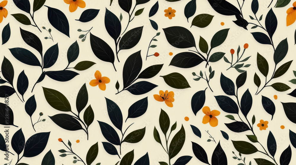 Seamless pattern with leaves and orange flowers cream background Seamless pattern with leaves and orange flowers cream background