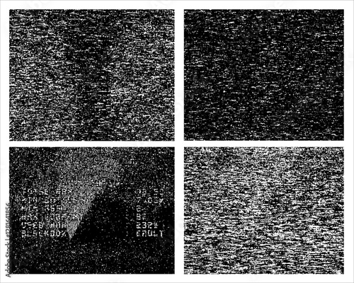 Set of white noise texture. Static interference grunge background. TV screen no signal. No TV signal on retro televisor, interference, television noise. Vector illustration.
