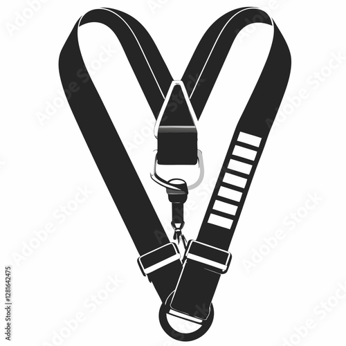 Safety harness with V-shaped straps and central connecting ring shown in technical detail. Professional fall protection equipment with adjustment markers. Concept: industrial safety, climbing gear, co