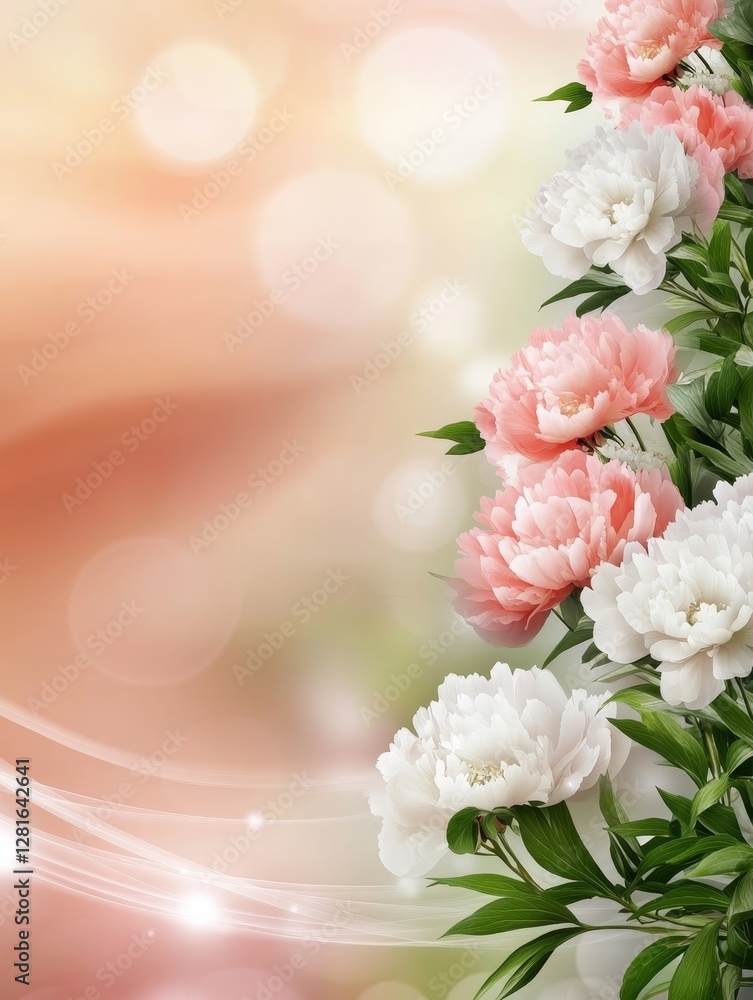 Obraz premium Delicate Peonies Blossom - Stunning close-up of pink and white peonies, elegantly arranged against a soft, peach-hued bokeh background