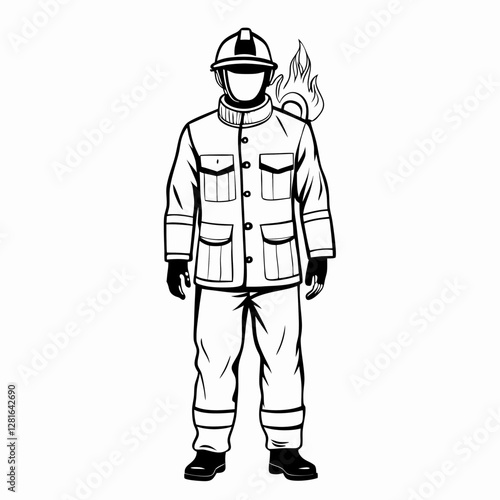 Line drawing of firefighter in full protective gear with flame detail. Vintage-style illustration showing active emergency responder. Concept: fire department, emergency services, safety training