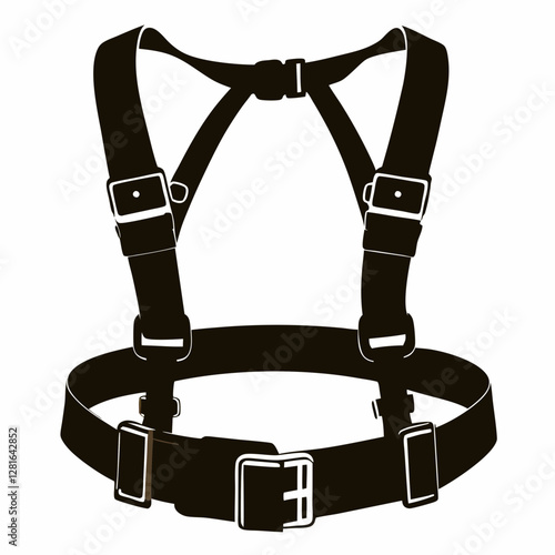 Climbing safety harness in black silhouette with adjustable buckles and waist support. Concept: extreme sports gear, protective equipment, adventure climbing.