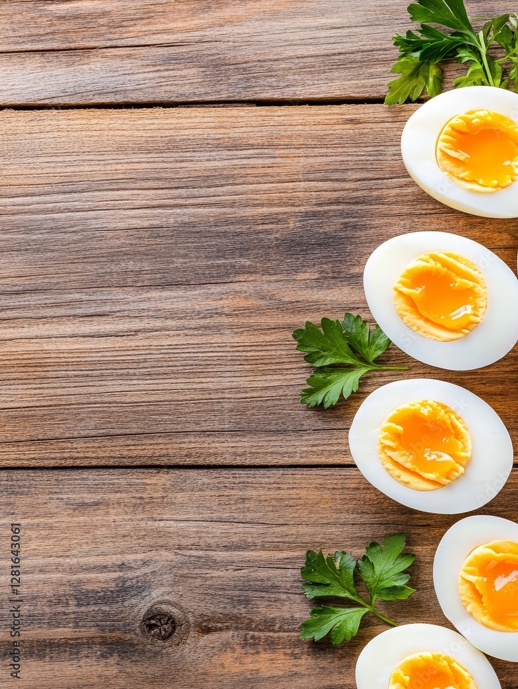 Delicious Hard Boiled Eggs with Parsley - Close-up view of halved hard-boiled eggs arranged on a rustic wooden surface, garnished with fresh parsley sprigs Delicious Hard Boiled Eggs with Parsley - Close-up view of halved hard-boiled eggs arranged on a rustic wooden surface, garnished with fresh parsley sprigs