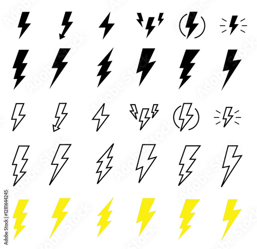 flash thunder power icon set. Flash lightning bolt symbol. Energy power sign, Lightning bolt icons set, black outline of flash lightning bolt icon vector illustration. Energy, power symbol.