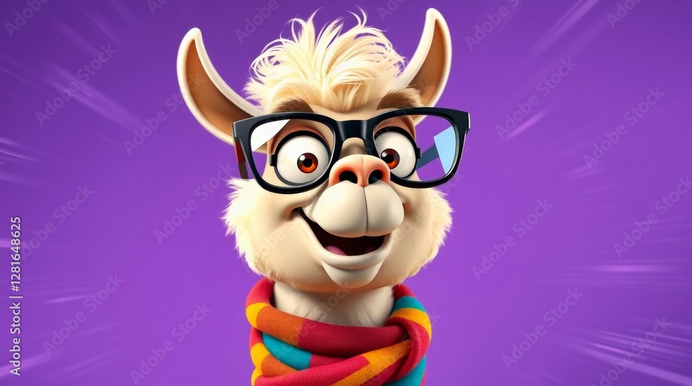Fototapeta premium Charming llama illustration wearing glasses and a colorful scarf against a vibrant purple backdrop. Warm, friendly, and engaging design.