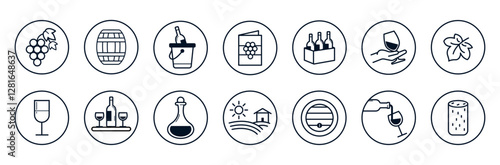 Set of pictograms to illustrate wine - Modern bubbles of grape, barrel, bottle, wine cellar, corkscrew, vat, seal, leaf or stopper - Editable vector - for wine merchant, harvester, oenologist