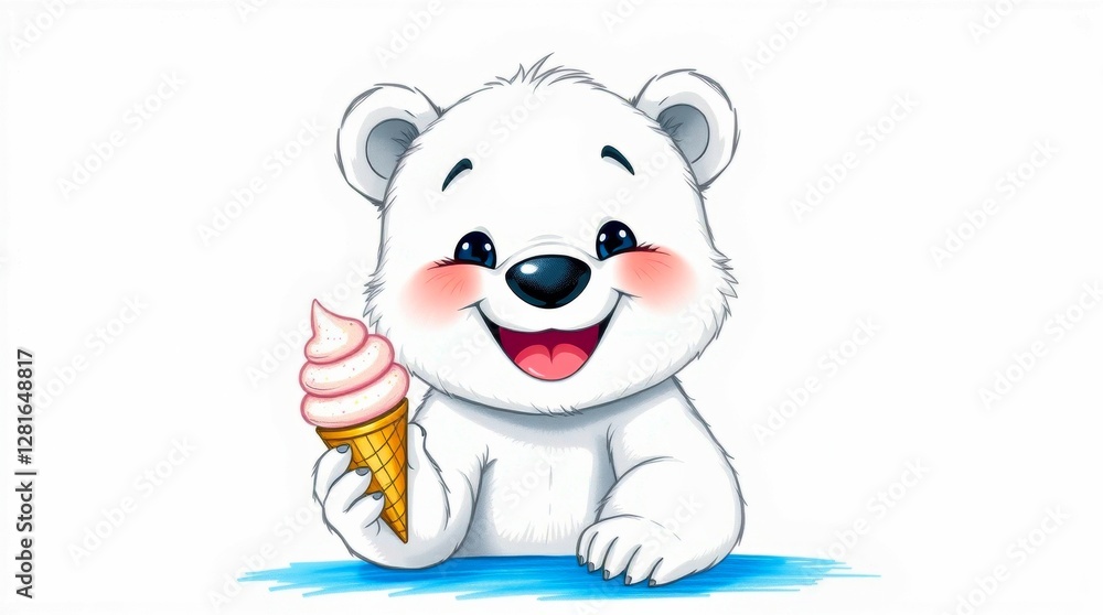Fototapeta premium Cartoon polar bear with ice cream, featuring a sweet treat and cheerful expression against a clean, white background. Child friendly theme.