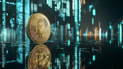 Physical Bitcoin Coin with Stock Market Data in Background