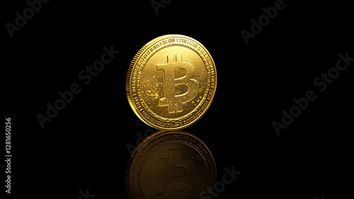  Golden Bitcoin Coin on a Reflective Black Surface