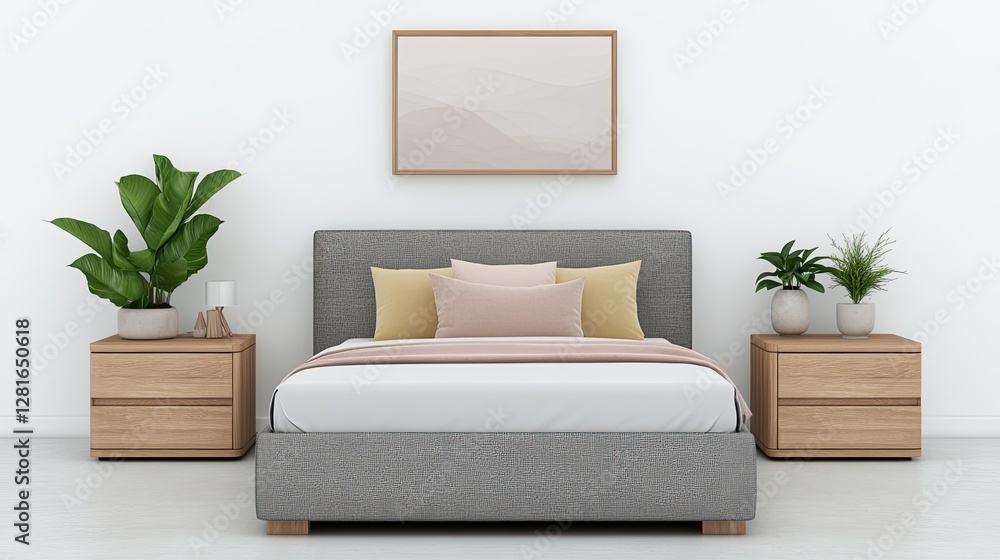 Naklejka premium Soft pastel colors define this stylish bedroom, showcasing a grey bed adorned with pink pillows and complemented by wooden accents