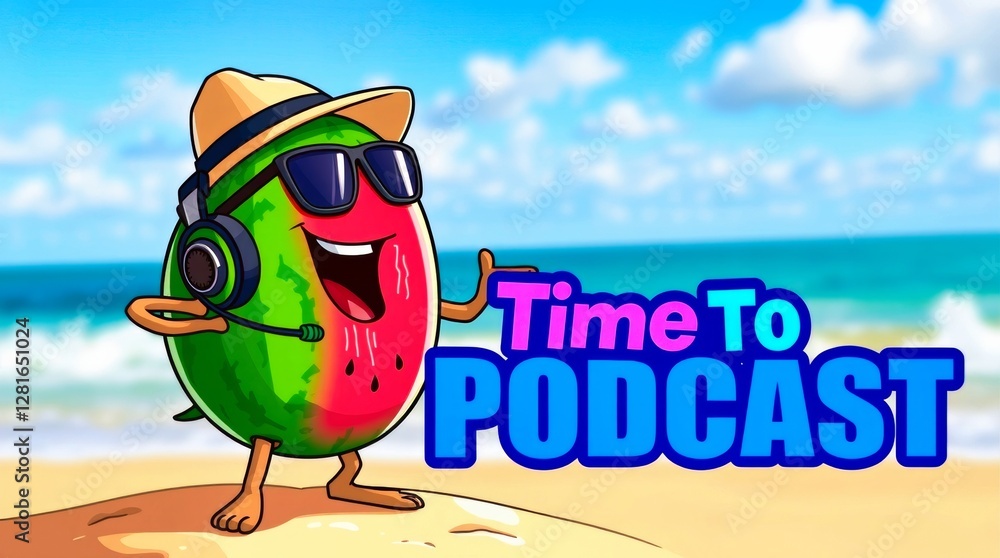 Naklejka premium Podcast time with a cool watermelon character wearing headphones, sunglasses, and a hat, set on a tropical beach with the ocean in the background.