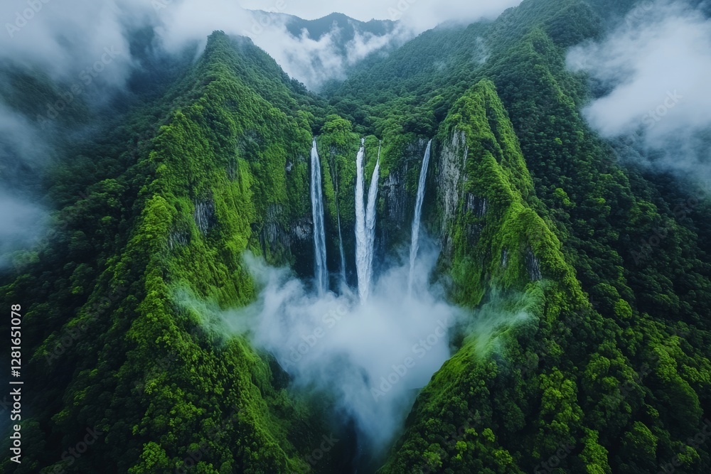 Fototapeta premium A breathtaking waterfall cascading down moss-covered cliffs. Generative AI
