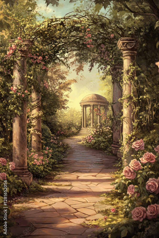 Obraz premium Illustration of a romantic garden filled with blooming roses, ivy covered trellises, and a stone pathway leading to a secluded gazebo. The warm, soft colors evoke a sense of timeless romance and