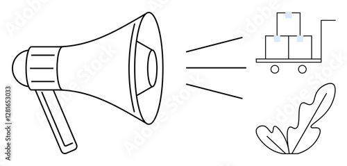 Megaphone projecting sound towards a cart with boxes, accompanied by leaf illustration. Ideal for logistics, supply chain, communication, announcements, shipping, transportation marketing. Abstract