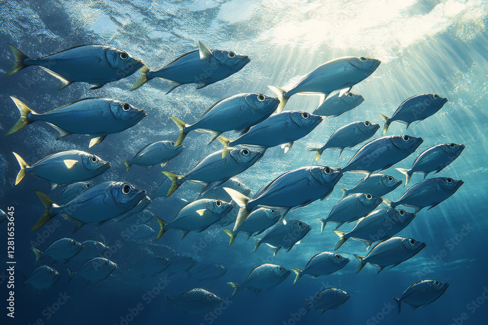 Obraz premium Illustration of a school of fish swimming in formation through the clear blue ocean, their scales shimmering in the sunlight. The scene is peaceful, evoking a sense of harmony and beauty in the