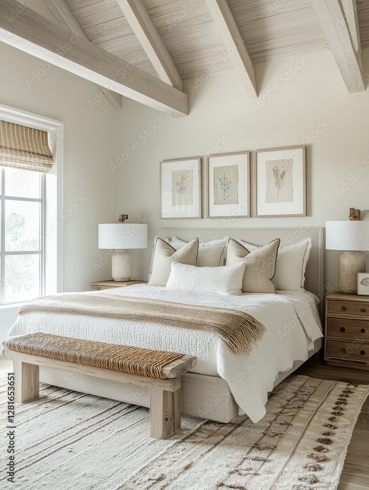 Fototapeta premium A minimalist bedroom with bed linens and artwork displays modern elegance