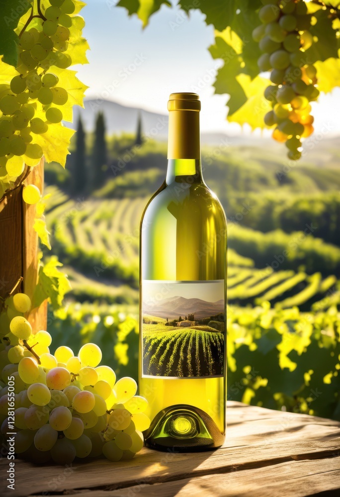 Fototapeta premium captivating bottle white wine set lush green vines grapevines creating breathtaking vineyard scene, grapes, greenery, foliage, landscape, drink, beverage