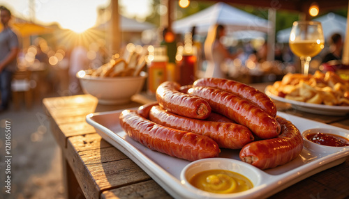 Juicy sausages served with spicy mustard at Oktoberfest market, indulgence photo