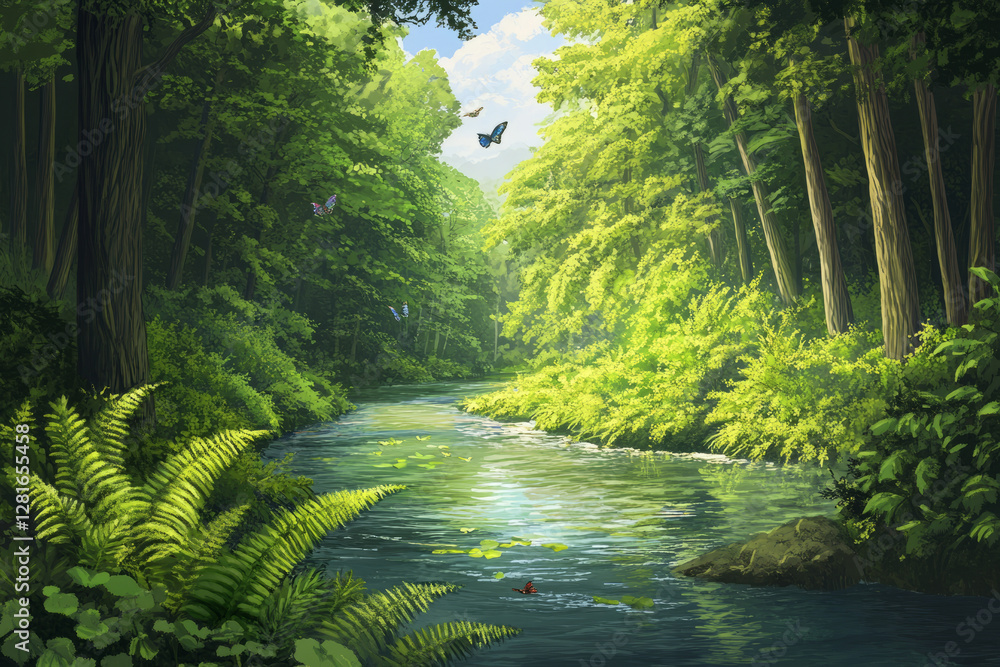 Fototapeta premium Illustration of a serene river winding through a lush forest, surrounded by tall trees and vibrant green ferns. Birds and butterflies flit above the water, creating a peaceful, idyllic scene that