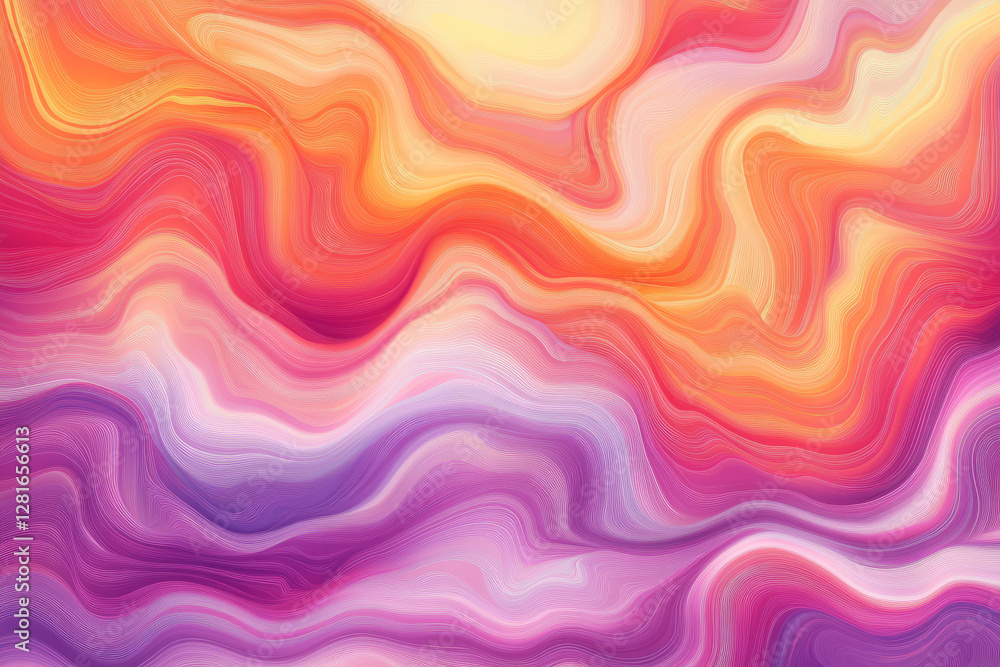 Illustration of fluid, wavy lines in a gradient of sunset colors pink, orange, and purple. The abstract design creates a sense of fluidity and calm, evoking the feeling of a warm evening breeze. Illustration of fluid, wavy lines in a gradient of sunset colors pink, orange, and purple. The abstract design creates a sense of fluidity and calm, evoking the feeling of a warm evening breeze.