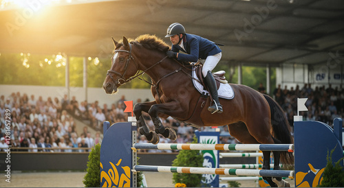 Horse, jumping and rider at equestrian competition, showjumping sport and professional arena performance. Sunset, race event and athlete with training discipline