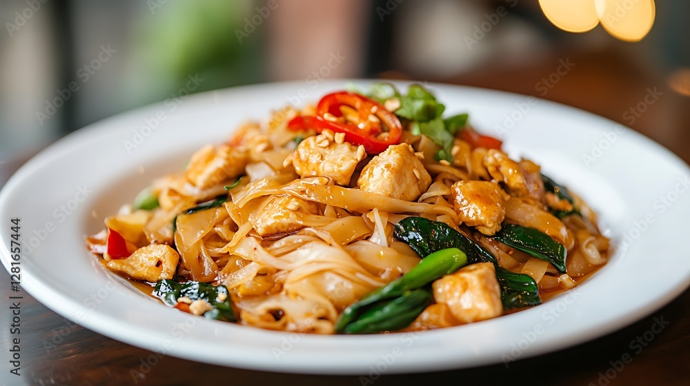 Delicious Chicken Pad See Ew Stir Fry with Vegetables on Plate Delicious Chicken Pad See Ew Stir Fry with Vegetables on Plate