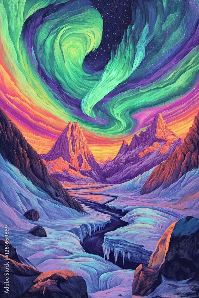 Fototapeta premium Illustration of a sky full of swirling auroras, lighting up the night in vibrant shades of green, purple, and blue. Below, a frozen landscape stretches out, with icy peaks and a quiet, magical
