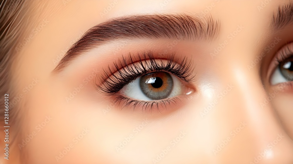 A close-up of an eye featuring long eyelashes, even skin tone, and natural makeup highlighting the eyebrow and iris. Concept Close-Up Photography, Eye Details, Long Eyelashes, Natural Makeup A close-up of an eye featuring long eyelashes, even skin tone, and natural makeup highlighting the eyebrow and iris. Concept Close-Up Photography, Eye Details, Long Eyelashes, Natural Makeup