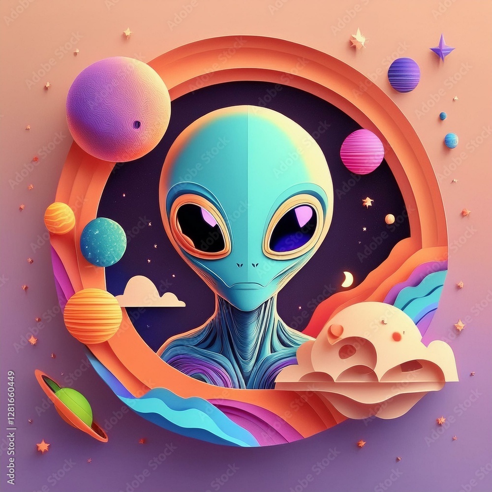 Obraz premium An extraterrestrial figure emerges from a surreal cosmic landscape, its vibrant colors and glowing details hinting at mysteries beyond our world.