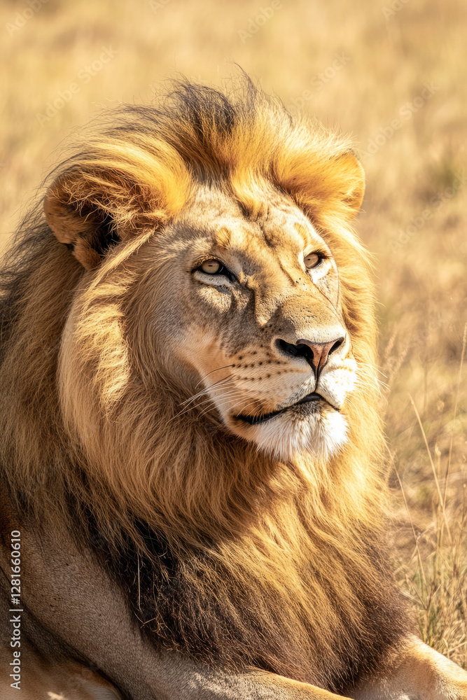 Illustration of a proud lion basking in the warmth of the African sun, with a golden mane blowing gently in the breeze. The vast savanna stretches out behind it, creating a majestic and powerful Illustration of a proud lion basking in the warmth of the African sun, with a golden mane blowing gently in the breeze. The vast savanna stretches out behind it, creating a majestic and powerful