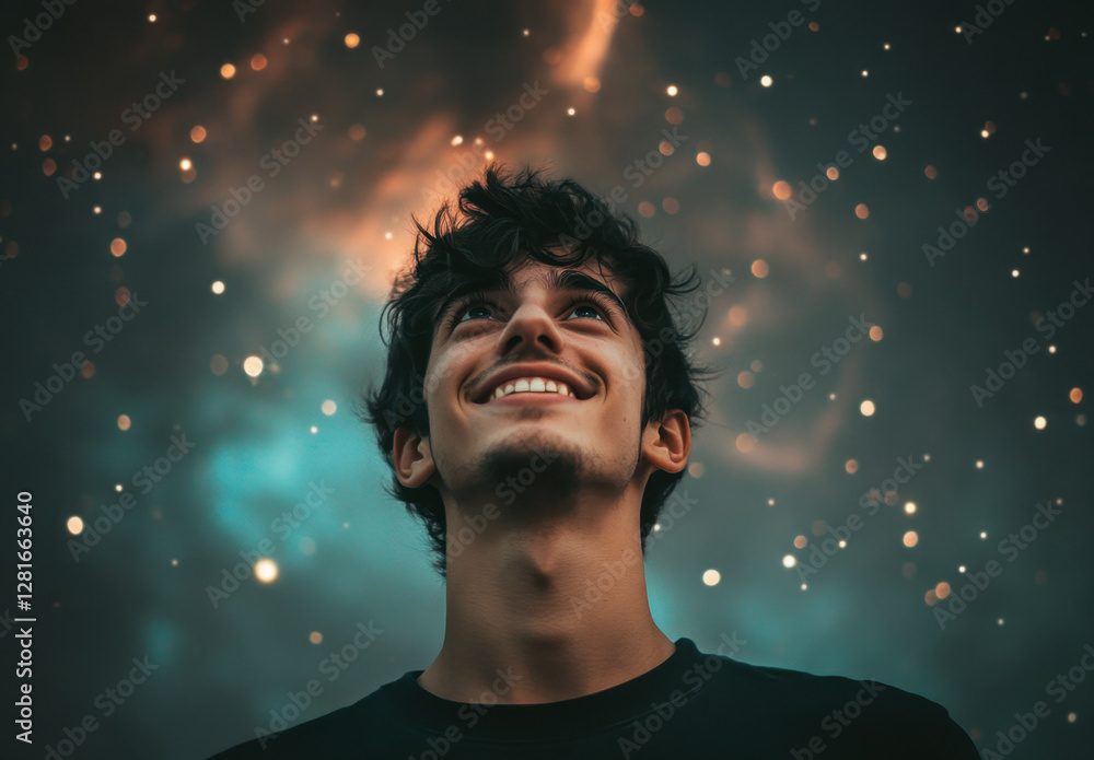 A young man stands outdoors, smiling as he gazes upwards at the starry night sky. The backdrop features a mix of stars and colorful clouds, creating a serene atmosphere A young man stands outdoors, smiling as he gazes upwards at the starry night sky. The backdrop features a mix of stars and colorful clouds, creating a serene atmosphere