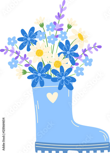 Spring bouquet of wildflowers and lavender in a blue, white, and purple rubber boot with a heart