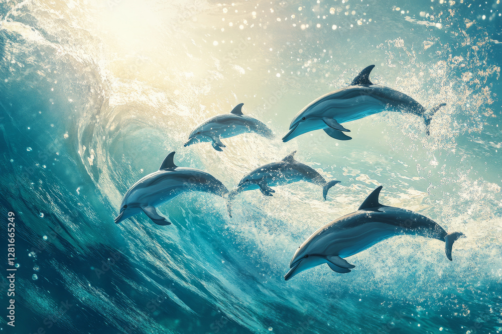 Obraz premium Illustration of a playful school of dolphins leaping through the sparkling turquoise ocean waves. The sunlight dances on the water, creating a magical shimmer, while the dolphins' sleek bodies move
