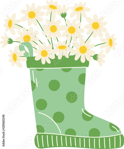 Bouquet of white daisies in a green rubber boot for spring rain