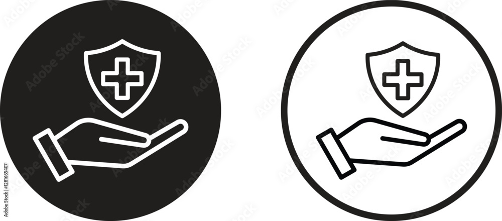 Medical shield on hand icon set in two styles . Medical support icon . Vector illustration Medical shield on hand icon set in two styles . Medical support icon . Vector illustration