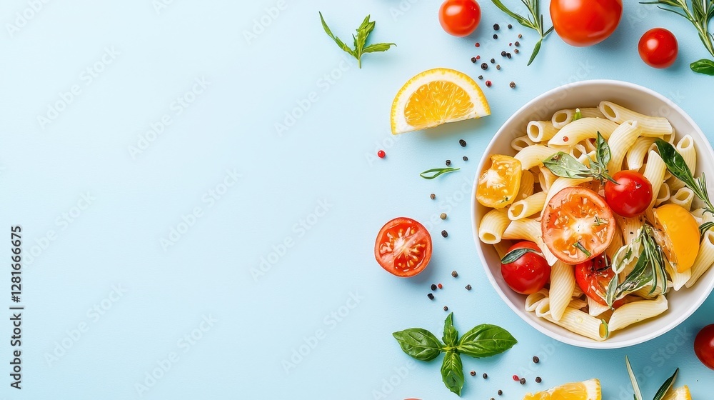 Artistic Pasta Dish with Tomatoes and Basil Still Life Composition for Healthy Italian Cuisine Artistic Pasta Dish with Tomatoes and Basil Still Life Composition for Healthy Italian Cuisine