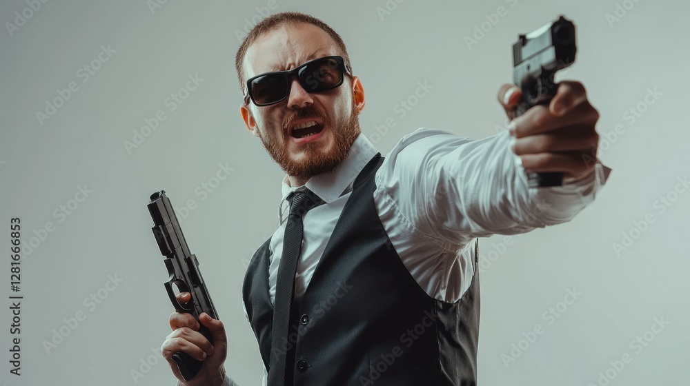 A bodyguard posing humorously with a fake weapon and a silly expression. A bodyguard posing humorously with a fake weapon and a silly expression.