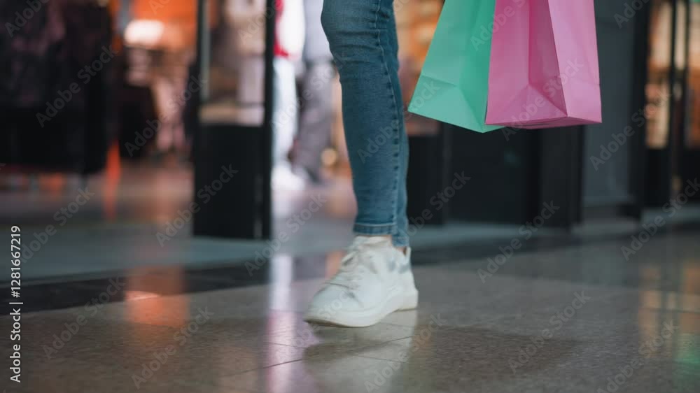 Leg view of person wearing jeans and white canvas sneakers holding pink and mint shopping bags while walking through a shopping mall past a clothing store, with blurred background of retail displays Leg view of person wearing jeans and white canvas sneakers holding pink and mint shopping bags while walking through a shopping mall past a clothing store, with blurred background of retail displays