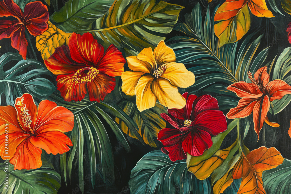 Illustration of a vibrant floral design with oversized tropical leaves and bright, bold blooms in shades of red, orange, and yellow. The lively colors and exotic flowers make the pattern energetic and Illustration of a vibrant floral design with oversized tropical leaves and bright, bold blooms in shades of red, orange, and yellow. The lively colors and exotic flowers make the pattern energetic and