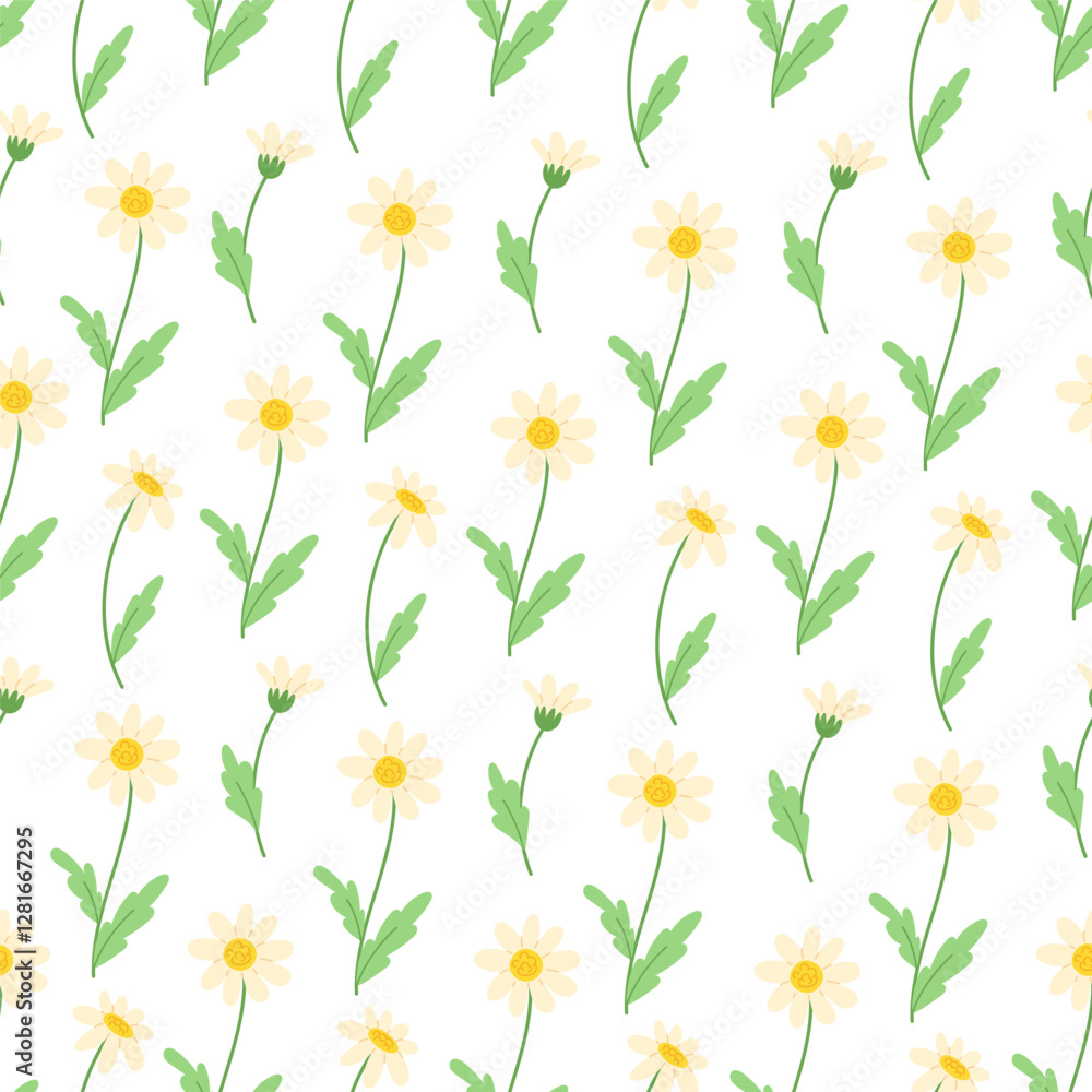 Seamless Pattern of White Daisies with Green Leaves on a White Background Seamless Pattern of White Daisies with Green Leaves on a White Background