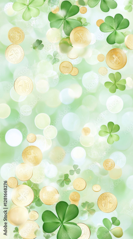 St. Patricks Day clovers and gold coins on green glitter background St. Patricks Day clovers and gold coins on green glitter background