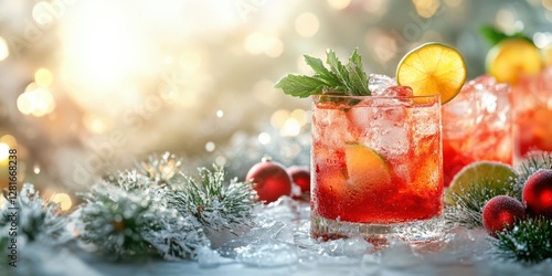 Refreshing winter cocktails with festive decorations on a bright holiday afternoon