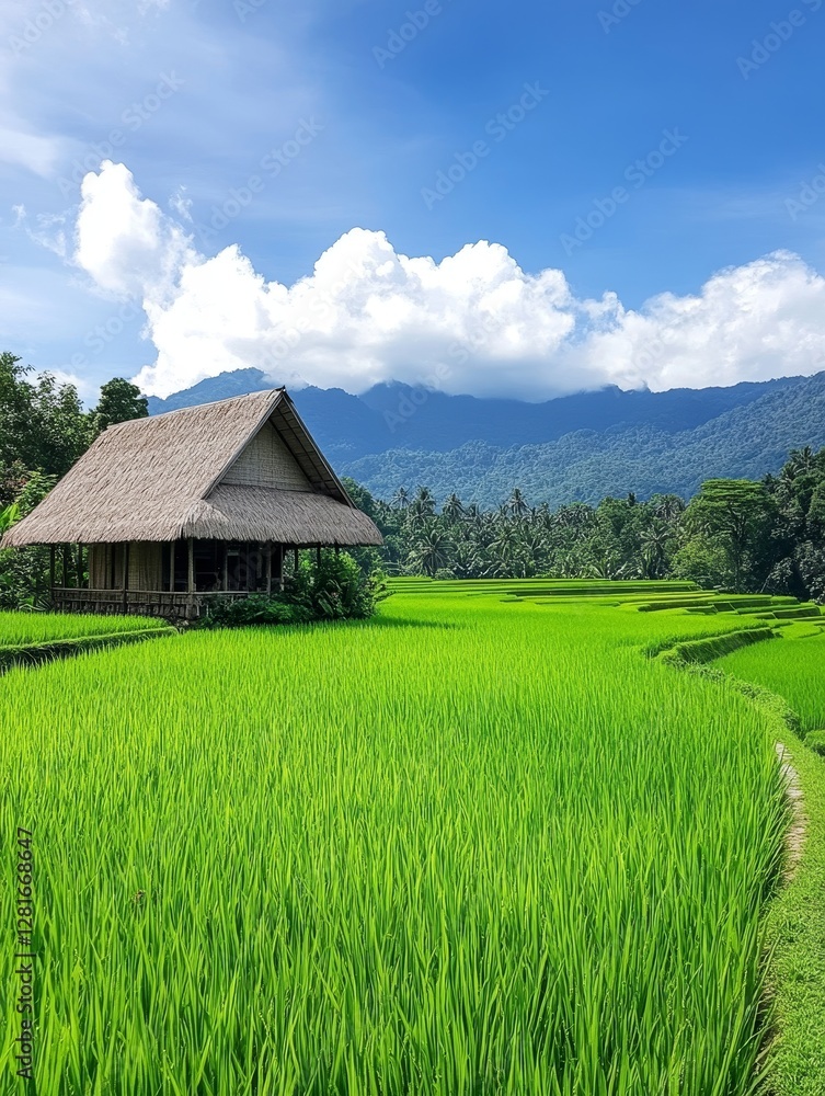 Obraz premium Serene Cottage Amidst Verdant Rice Terraces - Tranquil cottage nestled in lush green rice paddies, symbolizing peace, nature, serenity, rural life, and harvest