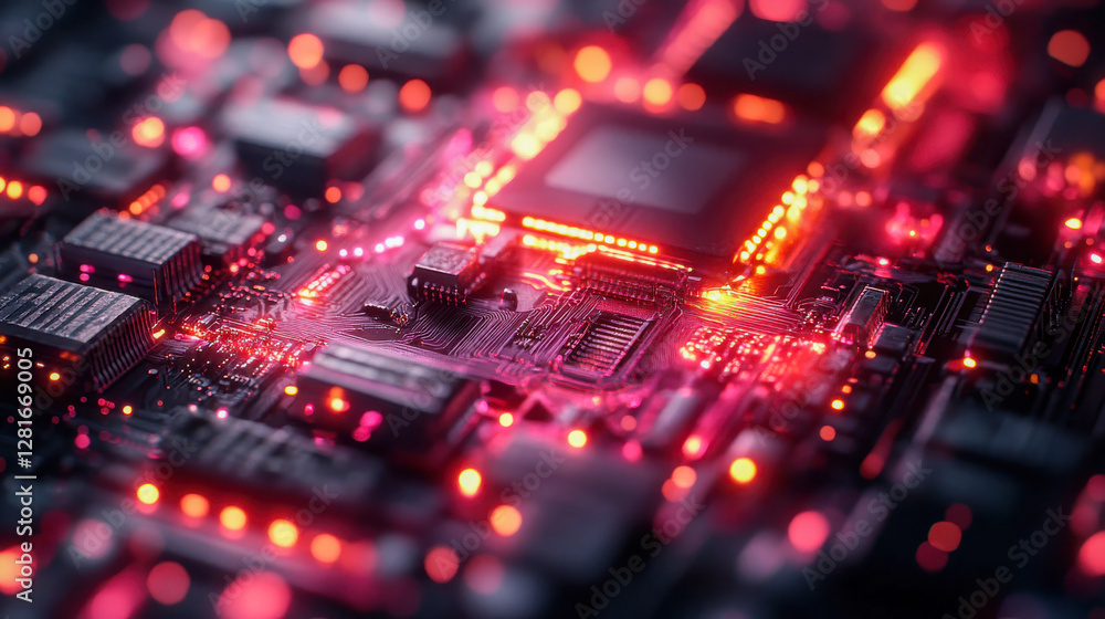 Close-up of a glowing microchip on a high-tech circuit board with red and pink neon lights Close-up of a glowing microchip on a high-tech circuit board with red and pink neon lights