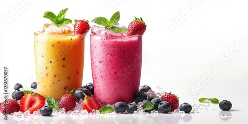 Colorful fruit smoothies served in chilled glasses with fresh berries and mint on a white background