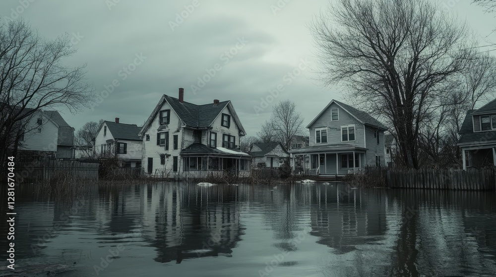 Fototapeta premium Flooded houses in a suburban neighborhood