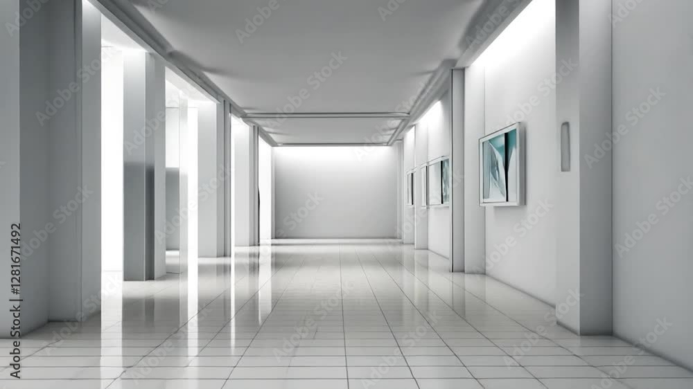 Modern white gallery hallway with artwork and sculpture. Modern white gallery hallway with artwork and sculpture.